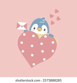 cute and lovely penguin holding love letter with heart, happy valentine's day, love concept, flat vector illustration cartoon character costume design