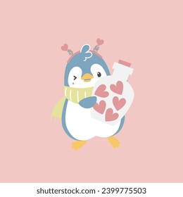 cute and lovely penguin with jar of heart, happy valentine's day, love concept, flat vector illustration cartoon character costume design