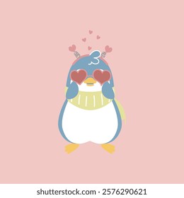 cute and lovely penguin wearing heart glasses, happy valentine's day, love concept, flat vector illustration cartoon character costume design