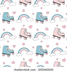 cute lovely pink, blue and white seamless vector pattern background illustration with roller skates, rainbows, hearts and stars