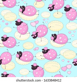 Cute lovely pink cartoon sheep with curly hearts on their wool jump, lay on cloud, dance, dream in the sky, bright crazy seamless vector background.