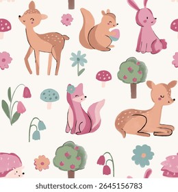 Cute and Lovely Pink Forest Animals with Bunny, Deer, Fox, Hedgehog and Flower Elements – Hand Drawn Illustration and Pattern Graphic Tee Design for Kids Market as Vector