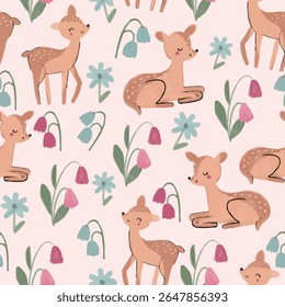 Cute and Lovely Pink Forest Animals with Flower Elements Hand Drawn Illustration and Pattern Graphic Tee Design for Kids Market as Vector