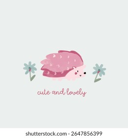 Cute and Lovely Pink Forest Animals with Flower Elements Hand Drawn Illustration and Pattern Graphic Tee Design for Kids Market as Vector