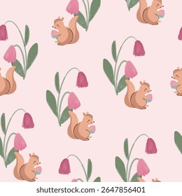 Cute and Lovely Pink Forest Animals with Flower Elements Hand Drawn Illustration and Pattern Graphic Tee Design for Kids Market as Vector