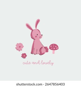 Cute and Lovely Pink Forest Animals with Flower Elements Hand Drawn Illustration and Pattern Graphic Tee Design for Kids Market as Vector