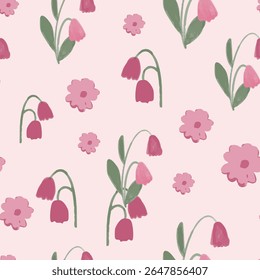 Cute and Lovely Pink Forest Animals with Flower Elements Hand Drawn Illustration and Pattern Graphic Tee Design for Kids Market as Vector