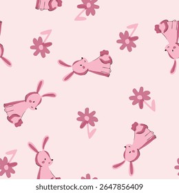Cute and Lovely Pink Forest Animals with Flower Elements Hand Drawn Illustration and Pattern Graphic Tee Design for Kids Market as Vector