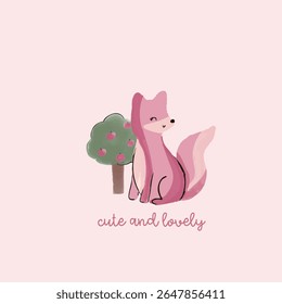Cute and Lovely Pink Forest Animals with Flower Elements Hand Drawn Illustration and Pattern Graphic Tee Design for Kids Market as Vector