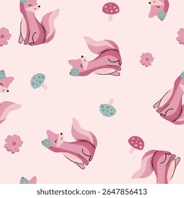 Cute and Lovely Pink Forest Animals with Flower Elements Hand Drawn Illustration and Pattern Graphic Tee Design for Kids Market as Vector