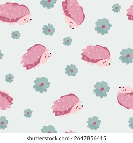 Cute and Lovely Pink Forest Animals with Flower Elements Hand Drawn Illustration and Pattern Graphic Tee Design for Kids Market as Vector