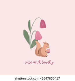 Cute and Lovely Pink Forest Animals with Flower Elements Hand Drawn Illustration and Pattern Graphic Tee Design for Kids Market as Vector