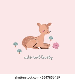 Cute and Lovely Pink Forest Animals with Flower Elements Hand Drawn Illustration and Pattern Graphic Tee Design for Kids Market as Vector