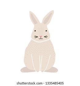 Cute lovely pretty white bunny, rabbit or hare isolated on white background. Funny adorable pet or wild forest animal, Easter symbol or mascot. Colorful vector illustration in flat cartoon style.