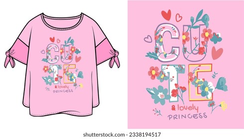 cute and lovely princess flowers t-shirt graphic design vector illustration 