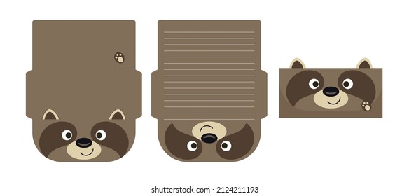 Cute lovely raccoon letter writing stationery paper laser cutting card template. Animal design for greeting, invitation, thank you cards. Vector stock illustration.