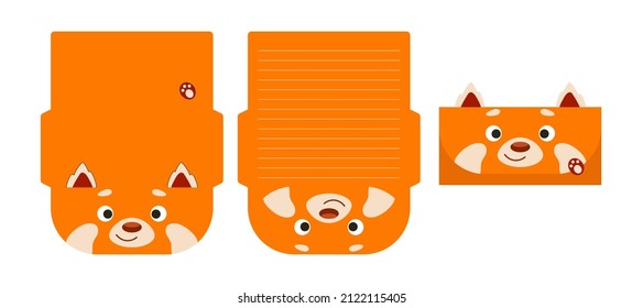 Cute Lovely Red Panda Letter Writing Stationery Paper Laser Cutting Card Template. Animal Design For Greeting, Invitation, Thank You Cards. Vector Stock Illustration.