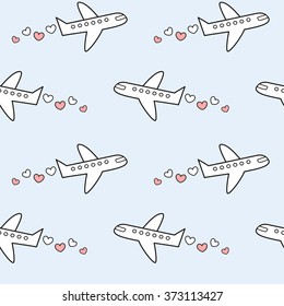 cute lovely and romantic airplane with hearts in the sky seamless vector pattern background illustration
