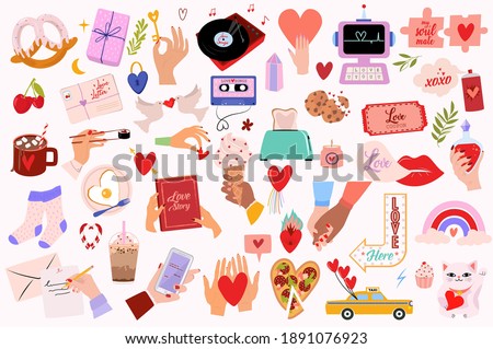 Cute Lovely Scandinavian elements set for Valentines Day. Romantic cartoon flat illustration, icons, clipart, love stickers. Editable Vector illustration.