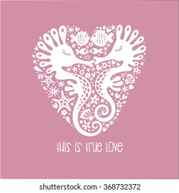 Cute lovely seahorses in love romantic vector illustration.