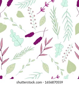 Frische, nahtlose Muster zarter Frühlingspflanzen und Blumen im Doodle-Stil auf weißem Hintergrund. Frühlingsgarten. Rosa, hellgrüne, bordeauxfarbene Pastelltöne. Stockillustration für Vektorillustrationen.