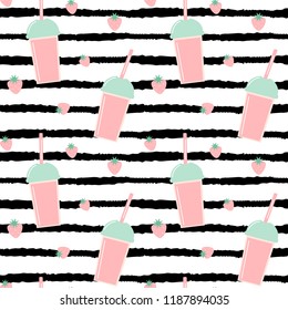 cute lovely seamless vector pattern background illustration with strawberry smoothies on black brush stripes