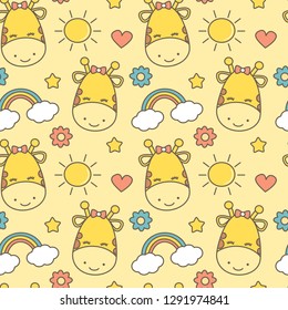 cute lovely seamless vector pattern background. illustration for kids with cartoon giraffe, sun, rainbow, heart, star and flower