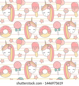 cute lovely seamless vector pattern background illustration with cartoon unicorn, donuts, ice cream, lollipop and stars