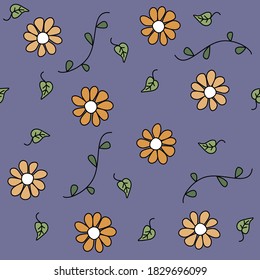 Cute lovely seamless vector pattern background illustration with hand drawn flowers, leaves and branches