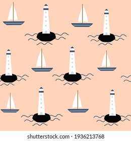 cute lovely seamless vector pattern background illustration with lighthouse and sailboat