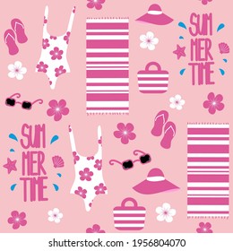 cute lovely seamless vector pattern background illustration with swimsuits, sunglasses, flip flop, summer hat, flowers and other beach elements