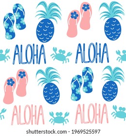 cute lovely seamless vector pattern background illustration with pineapples, crabs, flip flop and aloha word