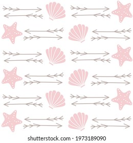 cute lovely seamless vector pattern background illustration with arrows, seashells and starfish