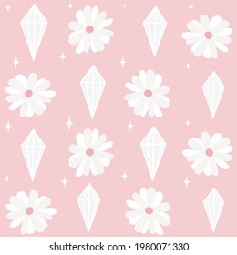 adorable adorable y transparente ilustración de fondo de patrón vectorial con flores de margarita, diamantes y estrellas