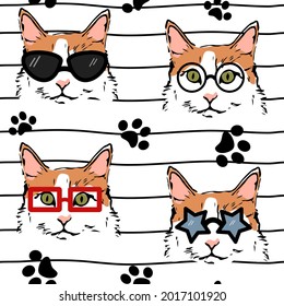 Cute lovely seamless vector pattern illustration with cats with glasses on black and white striped background