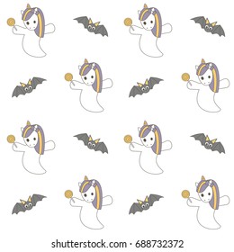 cute lovely seamless vector pattern background illustration with unicorn ghost and bats