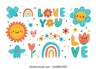 Cute lovely set with sun, birds, heart, rainbow and flowers. Summer collection. Love hand drawn lettering. Design elements with kind sticker characters for kids. Cartoon vector illustration isolated