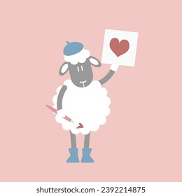cute and lovely sheep holding paintbrush drawing heart shape on paper, happy valentine's day, love concept, flat vector illustration cartoon character costume design