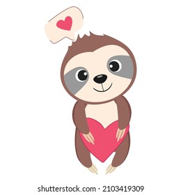 Cute lovely sloth holding heart, vector illustration.