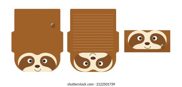 Cute Lovely Sloth Letter Writing Stationery Paper Laser Cutting Card Template. Animal Design For Greeting, Invitation, Thank You Cards. Vector Stock Illustration.