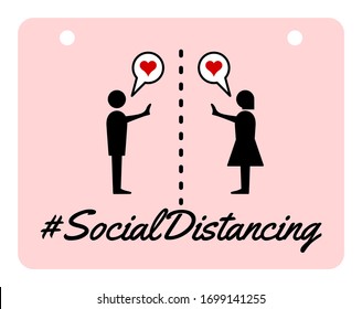 Cute and Lovely Social Distancing Icon with Man and Woman and Heart Symbols. Vector Image.