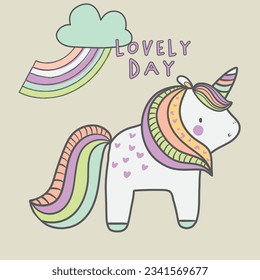 Cute lovely soft color animals unicorn rainbow giraffe rabbit bunny cloud heart tee design for kids market as vector
