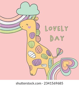 Cute lovely soft color animals unicorn rainbow giraffe rabbit bunny cloud heart tee design for kids market as vector
