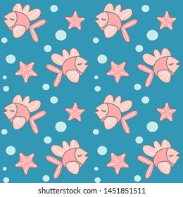 cute lovely summer seamless vector pattern background illustration with cartoon pink fishes and starfishes in the sea