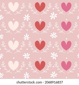 Cute lovely sweet seamless vector pattern background illustration with colorful flowers, hearts  and branches