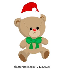 Cute lovely teddy bear boy with green bow sitting, pretty little toy gift for baby or child, cartoon character, vector illustration isolated on white background, for event logo or postcard or ads etc.