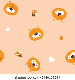 Colmena de oso de peluche lindo corazón de abeja fondo naranja dibujo animado patrón sin fisuras, color pastel y romántico, sonrisa de felicidad y adorable, vector de ilustración de fondo, dibujo a mano estilo doodle tela