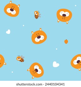 Cute lovely teddy bear hive bee heart blue background cartoon seamless pattern, pastel and romantic color, happiness smile and adorable, background illustration vector, hand draw style doodle fabric