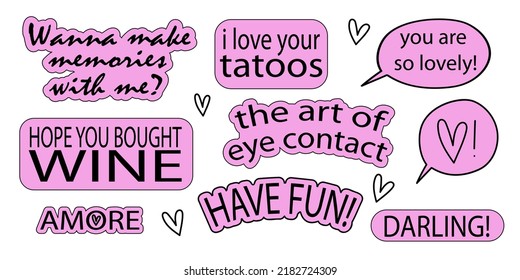 Cute lovely  text messages for a partner. Sticker set, vector illustration