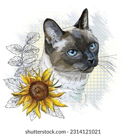 Cute lovely Thai cat head with sunflowers. Beautiful cat portrait. Hello lettering quote. Hand drawn modern vector illustration. Design for t-shirt, print, stickers, sublimation and decor